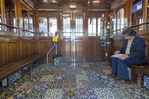 The most famous lift in Portugal Elevador do Município or Elevador da Biblioteca and Elevador de S. Julião, interior view, Lisbon, Lisbon district, Portugal, Europe, aerial view, birds-eyes view, Travel, travel photography