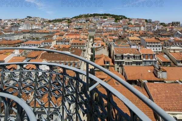 View from the most famous lift in Portugal Elevador do Município or Elevador da Biblioteca and Elevador de S. Julião to the old town of Portugal with the red roofs, Lisbon, Lisbon district, Portugal, Europe, aerial view, birds-eyes view, Travel, Travel Photography