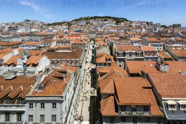 View from the most famous lift in Portugal Elevador do Município or Elevador da Biblioteca and Elevador de S. Julião to the old town of Portugal with the red roofs, Lisbon, Lisbon district, Portugal, Europe, aerial view, birds-eyes view, Travel, Travel Photography