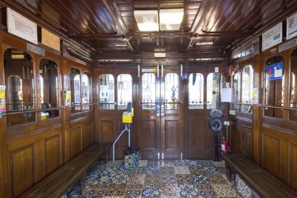 The most famous lift in Portugal Elevador do Município or Elevador da Biblioteca and Elevador de S. Julião, interior view, Lisbon, Lisbon district, Portugal, Europe, aerial view, birds-eyes view, Travel, travel photography
