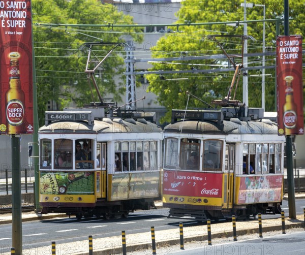 Colourful trams in Lisbon, Lisbon, Lisbon district, Portugal