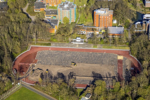 Aerial view, high-rise housing estate Am Kesselhaus and Carl-Sievering-Straße with construction site, police authority IPA-HAUS Selm / Bork, police school, football stadium sports field renovation construction site at Westring, Bork, Selm, Münsterland, North Rhine-Westphalia, Germany, construction work, construction area, building site, building plots, construction project, building site, DE, Europe, football pitch, football stadium, high-rise buildings, aerial view, aerial photography, aerial photography, sports, sports facilities, sports field, sports facility, stadium, overview, bird's-eye view, overview