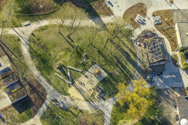 Aerial view, playground in Stephanuspark, Bork, Selm, Münsterland, North Rhine-Westphalia, Germany, DE, Europe, aerial view, aerial photography, aerial photography, overview, bird's-eye view, birds-eyes view, overview