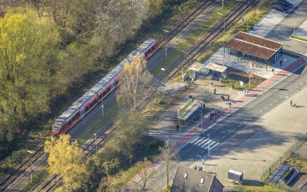 Aerial view, Bork station, S-Bahn and platform, Bork, Selm, Münsterland, North Rhine-Westphalia, Germany, railway area, station, platform, DE, Deutsche Bahn AG, Europe, tracks, aerial view, aerial photography, aerial photography, overview, bird's-eye view, overview