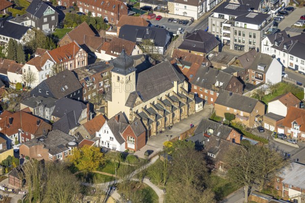 Aerial view, St. Stephanus Catholic Church in the town centre, residential area and town centre of Bork, Selm, Münsterland, North Rhine-Westphalia, Germany, place of worship, DE, Europe, religious community, place of worship, property tax, holy place, real estate, church, parish, denomination, aerial view, aerial photography, aerial photography, religion, religious site, overview, bird's eye view, residential complex, living and life, residential area, quality of life, residential quarter, housing estate, residential area, bird's eye view, overview