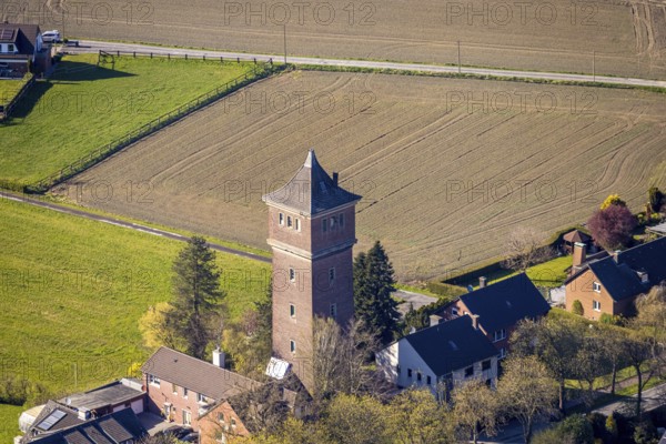 Aerial view, water tower in Cappenberg, rectangular water tower in brick construction, Selm, Münsterland, North Rhine-Westphalia, Germany, DE, Europe, aerial view, aerial photography, aerial photography, tower, overview, bird's-eye view, overview