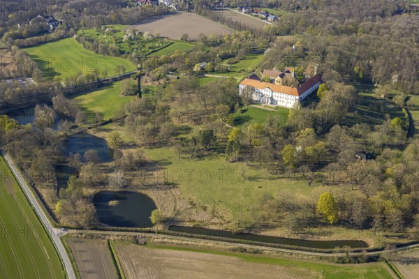Aerial view, Cappenberg Castle in the forest area, LWL Museum of Art and Culture with Cappenberg Collegiate Church of St. John the Evangelist, Cappenberg, Selm, Münsterland, North Rhine-Westphalia, Germany, place of worship, DE, Europe, religious community, place of worship, holy place, church, parish, denomination, aerial view, aerial photography, aerial photography, religion, religious site, castle, overview, bird's-eye view, bird's-eye view, overview