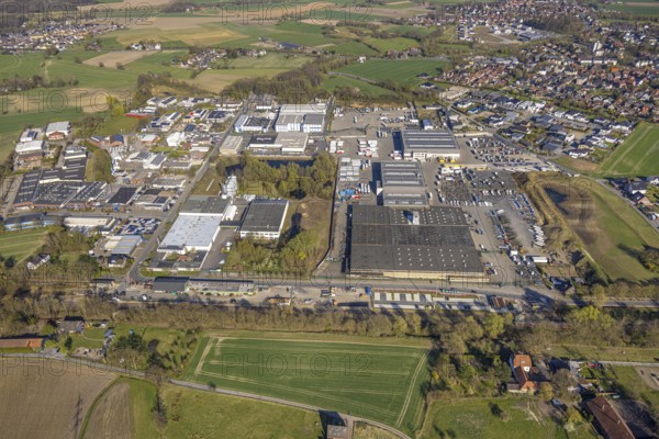Aerial view, industrial area with construction site at the railway station at Bahnhofstraße, Bork, Selm, Münsterland, North Rhine-Westphalia, Germany, DE, Europe, aerial view, aerial photography, aerial photography, overview, bird's-eye view, overview