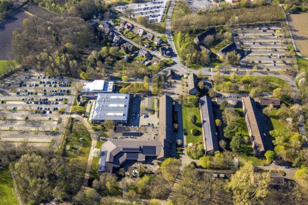 Aerial view, car parks, main car park LAFP School North Rhine-Westphalia (State Office for Training, Further Education and Personnel Affairs of the Police of North Rhine-Westphalia) for training participants and visitors, Bork, Selm, Münsterland, North Rhine-Westphalia, Germany, DE, Europe, aerial view, aerial photography, aerial photography, overview, bird's-eye view, overview