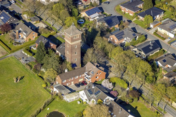 Aerial view, water tower in Cappenberg, rectangular water tower in brick construction, Selm, Münsterland, North Rhine-Westphalia, Germany, DE, Europe, aerial view, aerial photography, aerial photography, tower, overview, bird's-eye view, overview