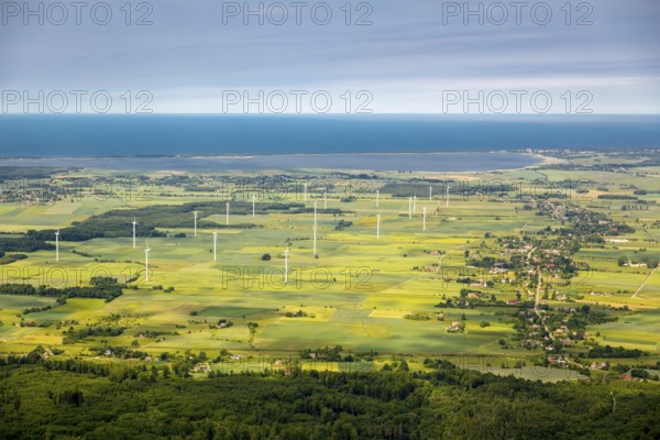 Wind farm, wind power plants, fields, forests, Szczeglino, Steglin, Baltic Sea coast, Województwo zachodniopomorskie, Poland, Województwo zachodniopomorskie, PL, Europe, aerial view, birds-eyes view, aerial photography, aerial photography, overview, bird's eye view, northern Poland