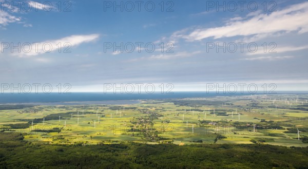 Wind farm, wind power plants, fields, forests, Szczeglino, Steglin, Baltic Sea coast, Województwo zachodniopomorskie, Poland, Województwo zachodniopomorskie, PL, Europe, aerial view, birds-eyes view, aerial photography, aerial photography, overview, bird's eye view, northern Poland