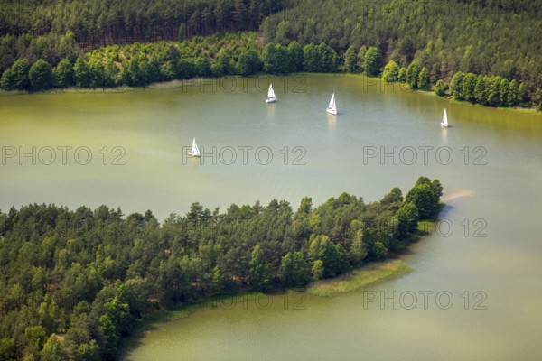 KoÅ'cierzyna, Pomerelia, Vistula Pomerania, Lakeland, forests, lakes, sailing boats, pomorskie, Poland, Koscierzyna, Baltic Sea coast, PL, Europe, aerial view, birds-eyes view, aerial photography, overview, bird's eye view, northern Poland
