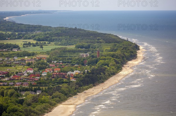GÄ...ski, lighthouse, sandy beach, blue water, Baltic Sea coast, Województwo zachodniopomorskie, Poland, Sarbinowo, Województwo zachodniopomorskie, PL, Europe, aerial view, birds-eyes view, aerial photography, overview, bird's eye view, northern Poland