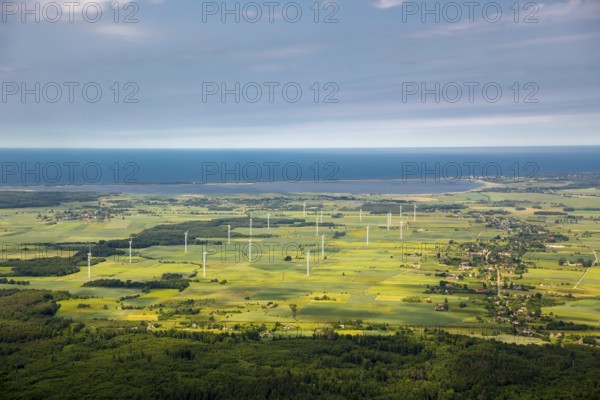 Wind farm, wind power plants, fields, forests, Szczeglino, Steglin, Baltic Sea coast, Województwo zachodniopomorskie, Poland, Województwo zachodniopomorskie, PL, Europe, aerial view, birds-eyes view, aerial photography, aerial photography, overview, bird's eye view, northern Poland