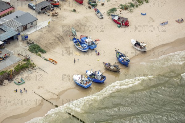UnieÅ'cie, nest, West Pomerania, sandy beach, fishing boats, beach life, Baltic Sea coast, Województwo zachodniopomorskie, Poland, Uniescie, Województwo zachodniopomorskie, PL, Europe, aerial photo, birds-eyes view, aerial view, aerial photography, overview, bird's eye view, northern Poland