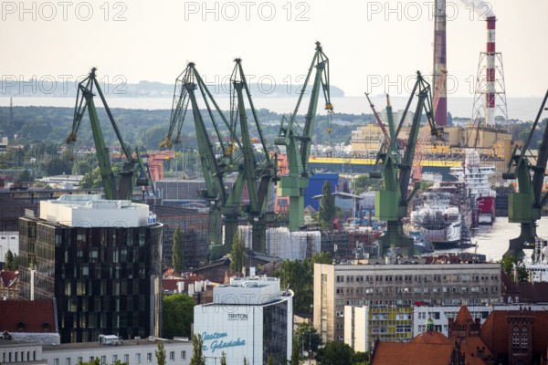 GdaÅsk, view from St. Mary's Church, Gdansk harbour, Gdansk, Baltic Sea coast, Baltic Sea, pomorskie, Pomeranian Voivodeship, Poland, Gdansk, PL, Europe, aerial view, birds-eyes view, aerial photography, aerial photography, overview, bird's eye view