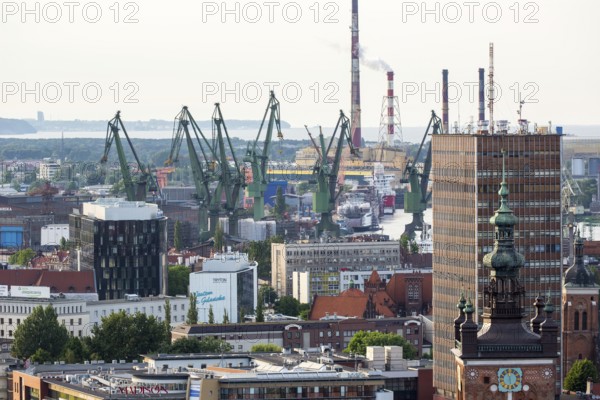 GdaÅsk, view from St. Mary's Church, Gdansk harbour, Gdansk, Baltic Sea coast, Baltic Sea, pomorskie, Pomeranian Voivodeship, Poland, Gdansk, PL, Europe, aerial view, birds-eyes view, aerial photography, aerial photography, overview, bird's eye view