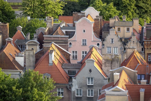 GdaÅsk, view from St. Mary's Church, gabled merchants' houses, GdaÅsk city, Old Town of GdaÅsk, GdaÅsk, Baltic Sea coast, Baltic Sea, pomorskie, Pomeranian Voivodeship, Poland, Gdansk, PL, Europe, aerial view, birds-eyes view, aerial photography, aerial photography, overview, bird's eye view