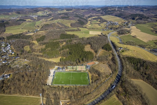 Aerial view, football stadium TuS Rhode e.V. and tennis courts TC Rhode, hilly landscape with distant view, Rhode, Olpe, Sauerland, North Rhine-Westphalia, Germany, DE, Europe, football pitch, football stadium, football club, aerial view, aerial photography, aerial photography, sports, sports facilities, sports field, sports facility, stadium, overview, bird's-eye view, bird's-eye view, overview