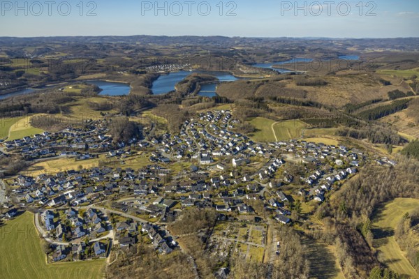 Aerial view, residential area, local view Rohde and Biggesee dam, forest area, Rhode, Olpe, Sauerland, North Rhine-Westphalia, Germany, DE, Europe, aerial view, aerial photography, aerial photography, overview, bird's-eye view, overview