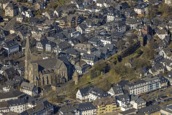 Aerial view, catholic church St. Martinus, city wall with angel tower and witch tower, evang. Church Olpe, residential area Frankfurter Straße, Olpe town, Olpe, Sauerland, North Rhine-Westphalia, Germany, place of worship, DE, Europe, religious community, place of worship, property tax, holy place, real estate, church, parish, denomination, aerial view, aerial photography, aerial photography, religion, religious site, overview, bird's eye view, watchtower, residential area, living and life, residential area, residential quality, residential neighbourhood, housing estate, residential area, birds-eyes view, overview