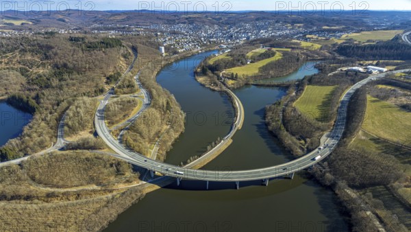Aerial view, Biggesee with forest area, Obersee with bridge Landesstraße L512, curved bridge Bundesstraße B54, Olpe-Stadt, Olpe, Sauerland, North Rhine-Westphalia, Germany, Biggetalsperre, bridge, Bundesstraße B54, DE, Europe, shapes and colours, hilly landscape, aerial view, aerial photography, aerial photography, nature park Ebbegebirge, lake, reservoir, overview, bird's eye view, forebay, birds-eyes view, overview