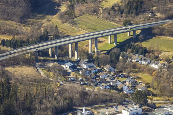 Aerial view, motorway bridge Talbrücke Rüblinghausen of the A45 Sauerlandlinie, residential area Rüblinghausen, Dahl, Olpe, Sauerland, North Rhine-Westphalia, Germany, motorway, bridge, DE, Europe, aerial view, aerial photography, aerial photography, valley bridge, overview, bird's-eye view, bird's-eye view, overview