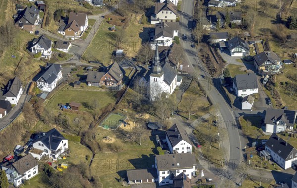 Aerial view, residential area, view of Neuenkleusheim district with St. Georg church, Stachelau, Olpe, Sauerland, North Rhine-Westphalia, Germany, DE, Europe, aerial view, aerial photography, aerial photography, overview, bird's-eye view, overview
