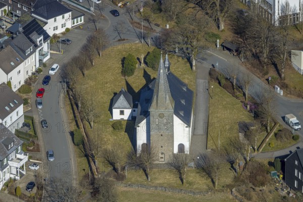 Aerial view, church parish of St. Cyriakus Rhode in the town centre, Rhode, Olpe, Sauerland, North Rhine-Westphalia, Germany, place of worship, DE, Europe, religious community, place of worship, holy place, church, parish, denomination, aerial view, aerial photography, aerial photography, religion, religious site, overview, bird's-eye view, overview