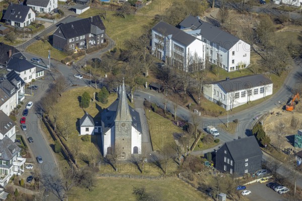 Aerial view, church parish St. Cyriakus Rhode in the town centre, Franz-Hitze-Schule - catholic primary school, Rhode, Olpe, Sauerland, North Rhine-Westphalia, Germany, place of worship, education, educational institution, DE, Europe, religious community, place of worship, primary school, holy site, church, parish, denomination, educational institute, aerial view, aerial photography, aerial photography, religion, religious site, school, overview, bird's-eye view, overview