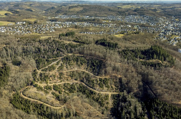 Aerial view, hiking trails in the forest area Hoher Bilstein, view of Olpe town, Olpe, Sauerland, North Rhine-Westphalia, Germany, DE, Europe, aerial view, aerial photography, aerial photography, overview, bird's-eye view, overview