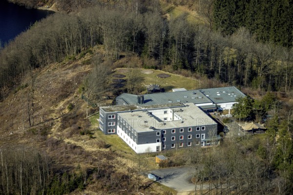 Aerial photo, DJH Youth Hostel Biggesee, Eichhagen, Olpe, Sauerland, North Rhine-Westphalia, Germany, DE, Europe, aerial view, aerial photography, aerial photography, overview, bird's-eye view, overview
