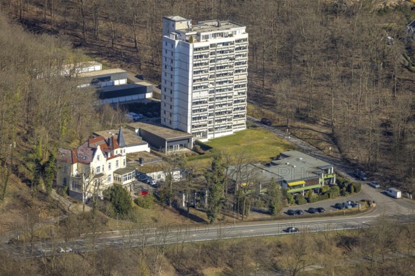 Aerial view, skyscraper In der Wüste, left the Biggeschlösschen, Olpe city, Olpe, Sauerland, North Rhine-Westphalia, Germany, DE, Europe, aerial view, aerial photography, aerial photography, overview, bird's-eye view, birds-eyes view, overview