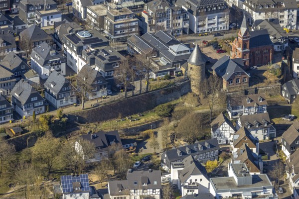 Aerial view, city wall with witch tower, evang. Church Olpe, OT Olpe youth centre and children's centre, residential area Frankfurter Straße, Olpe town, Olpe, Sauerland, North Rhine-Westphalia, Germany, place of worship, DE, Europe, religious community, place of worship, property tax, holy place, real estate, church, parish, denomination, aerial view, aerial photography, aerial photography, religion, religious site, tower, overview, bird's-eye view, watchtower, residential complex, living and life, residential area, quality of life, residential neighbourhood, housing estate, residential area, birds-eyes view, overview