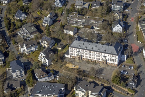 Aerial photo, Städtisches Gymnasium, Olpe-Stadt, Olpe, Sauerland, North Rhine-Westphalia, Germany, education, educational institution, DE, Europe, grammar school, teaching institute, aerial photography, aerial photography, aerial photography, school, overview, bird's-eye view, birds-eyes view, overview
