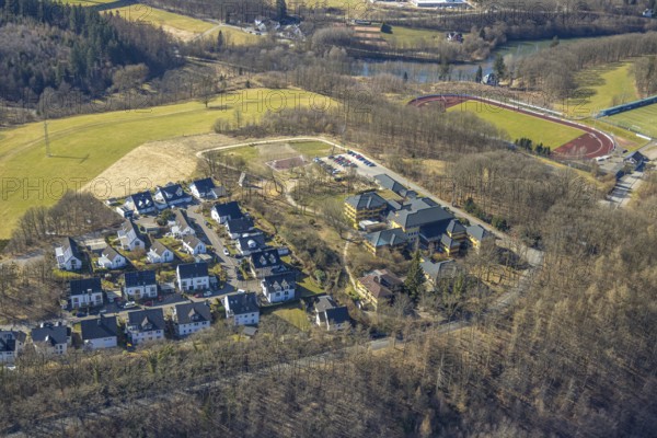 Aerial view, German Red Cross Hospital, Auguste-Liese-Straße housing estate, Kreuzbergstadion football stadium and athletics stadium, Olpe town, Olpe, Sauerland, North Rhine-Westphalia, Germany, DE, Europe, football pitch, football stadium, healthcare, property tax, hospital, real estate, clinic, clinic centre, hospital, hospital, athletics stadium, aerial view, aerial photography, aerial photography, medical facility, medical aid, sports, sports facilities, sports field, sports facility, stadium, overview, bird's-eye view, residential area, residential area and living, residential area, residential quality, residential neighbourhood, residential estate, residential district, birds-eyes view, overview, medical care