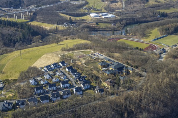 Aerial view, German Red Cross Hospital, Auguste-Liese-Straße housing estate, Kreuzbergstadion football stadium and athletics stadium, Olpe town, Olpe, Sauerland, North Rhine-Westphalia, Germany, DE, Europe, football pitch, football stadium, healthcare, property tax, hospital, real estate, clinic, clinic centre, hospital, hospital, athletics stadium, aerial view, aerial photography, aerial photography, medical facility, medical aid, sports, sports facilities, sports field, sports facility, stadium, overview, bird's-eye view, residential area, residential area and living, residential area, residential quality, residential neighbourhood, residential estate, residential district, birds-eyes view, overview, medical care