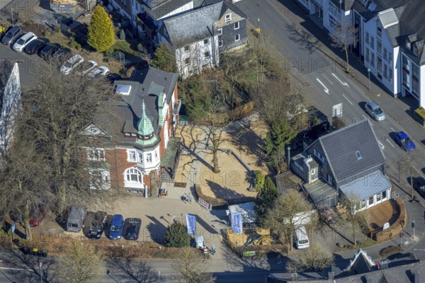 Aerial view, Restaurant Die Villa Olpe wird zum Starnberger Wirtshaus, Olpe town, Olpe, Sauerland, North Rhine-Westphalia, Germany, beer garden, café, DE, food and drink, Europe, inn, restaurant, gastronomy, aerial photography, aerial photography, aerial photography, restaurant, overview, bird's eye view, birds-eyes view, overview