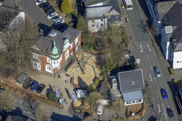 Aerial view, Restaurant Die Villa Olpe wird zum Starnberger Wirtshaus, Olpe town, Olpe, Sauerland, North Rhine-Westphalia, Germany, beer garden, café, DE, food and drink, Europe, inn, restaurant, gastronomy, aerial photography, aerial photography, aerial photography, restaurant, overview, bird's eye view, birds-eyes view, overview