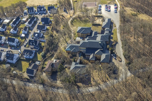 Aerial view, German Red Cross Hospital, housing estate Auguste-Liese-Straße, Olpe town, Olpe, Sauerland, North Rhine-Westphalia, Germany, DE, Europe, health care, property tax, hospital, real estate, clinic, clinic centre, hospital, aerial photograph, aerial photography, aerial photography, medical facility, medical aid, overview, bird's eye view, residential complex, living and life, residential area, quality of life, residential quarter, housing estate, residential area, bird's eye view, overview, medical care