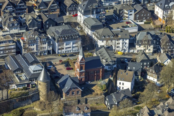 Aerial view, city wall with witch tower, evang. Church Olpe, OT Olpe youth centre and children's centre, residential area Frankfurter Straße, Olpe town, Olpe, Sauerland, North Rhine-Westphalia, Germany, place of worship, DE, Europe, religious community, place of worship, property tax, holy place, real estate, church, parish, denomination, aerial view, aerial photography, aerial photography, religion, religious site, tower, overview, bird's-eye view, watchtower, residential complex, living and life, residential area, quality of life, residential neighbourhood, housing estate, residential area, birds-eyes view, overview