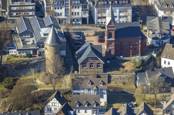 Aerial view, town wall with witch tower and evangelic church Olpe, OT Olpe youth centre and children's centre, Olpe town, Olpe, Sauerland, North Rhine-Westphalia, Germany, DE, Europe, aerial view, aerial photography, aerial photography, tower, overview, bird's-eye view, overview