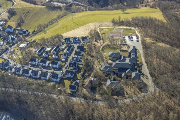 Aerial view, German Red Cross Hospital, housing estate Auguste-Liese-Straße, Olpe town, Olpe, Sauerland, North Rhine-Westphalia, Germany, DE, Europe, health care, property tax, hospital, real estate, clinic, clinic centre, hospital, aerial photograph, aerial photography, aerial photography, medical facility, medical aid, overview, bird's eye view, residential complex, living and life, residential area, quality of life, residential quarter, housing estate, residential area, bird's eye view, overview, medical care