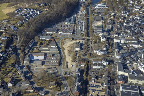 Aerial view, City with town hall, Interkommunaler Gewerbepark Hüppcherhammer GmbH, construction site former railway station Olpe, Olpe-Stadt, Olpe, Sauerland, North Rhine-Westphalia, Germany, railway area, railway station, DE, Deutsche Bahn AG, Europe, main station, main station, aerial view, aerial photography, aerial photography, overview, bird's-eye view, overview