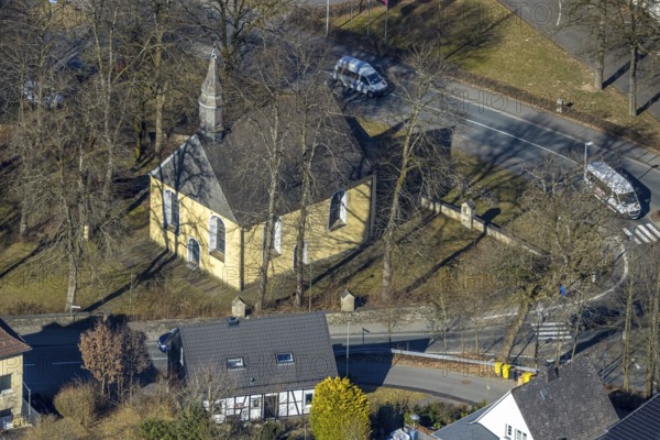 Aerial view, catholic cross chapel Am Bratzkopf, heritage-protected church building, Olpe town, Olpe, Sauerland, North Rhine-Westphalia, Germany, DE, monument, Europe, aerial view, aerial photography, aerial photography, overview, bird's eye view, birds-eyes view, heritage-protected building, overview