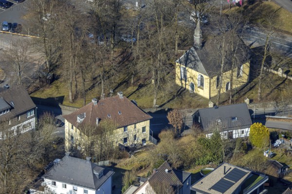 Aerial view, catholic cross chapel Am Bratzkopf, heritage-protected church building, Olpe town, Olpe, Sauerland, North Rhine-Westphalia, Germany, DE, monument, Europe, aerial view, aerial photography, aerial photography, overview, bird's eye view, birds-eyes view, heritage-protected building, overview