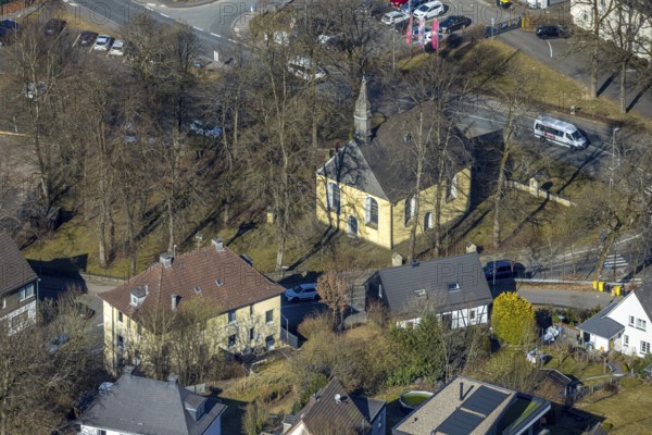 Aerial view, catholic cross chapel Am Bratzkopf, heritage-protected church building, Olpe town, Olpe, Sauerland, North Rhine-Westphalia, Germany, DE, monument, Europe, aerial view, aerial photography, aerial photography, overview, bird's eye view, birds-eyes view, heritage-protected building, overview