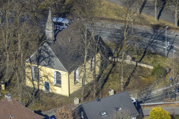 Aerial view, catholic cross chapel Am Bratzkopf, heritage-protected church building, Olpe town, Olpe, Sauerland, North Rhine-Westphalia, Germany, DE, monument, Europe, aerial view, aerial photography, aerial photography, overview, bird's eye view, birds-eyes view, heritage-protected building, overview