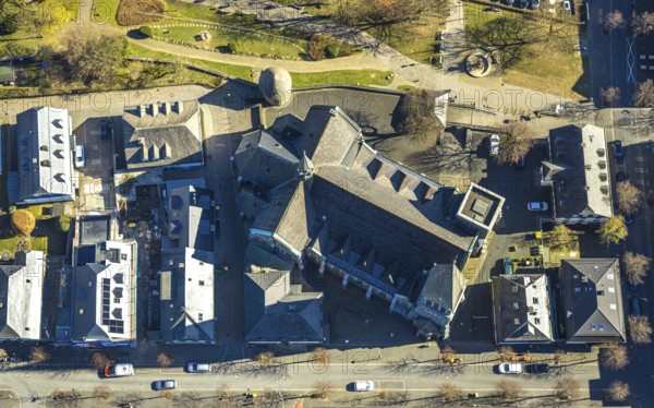 Aerial view, catholic church St. Martinus, town wall with angel tower, vertical shot, Olpe town, Olpe, Sauerland, North Rhine-Westphalia, Germany, DE, Europe, aerial view, aerial photography, aerial photography, overview, bird's-eye view, overview